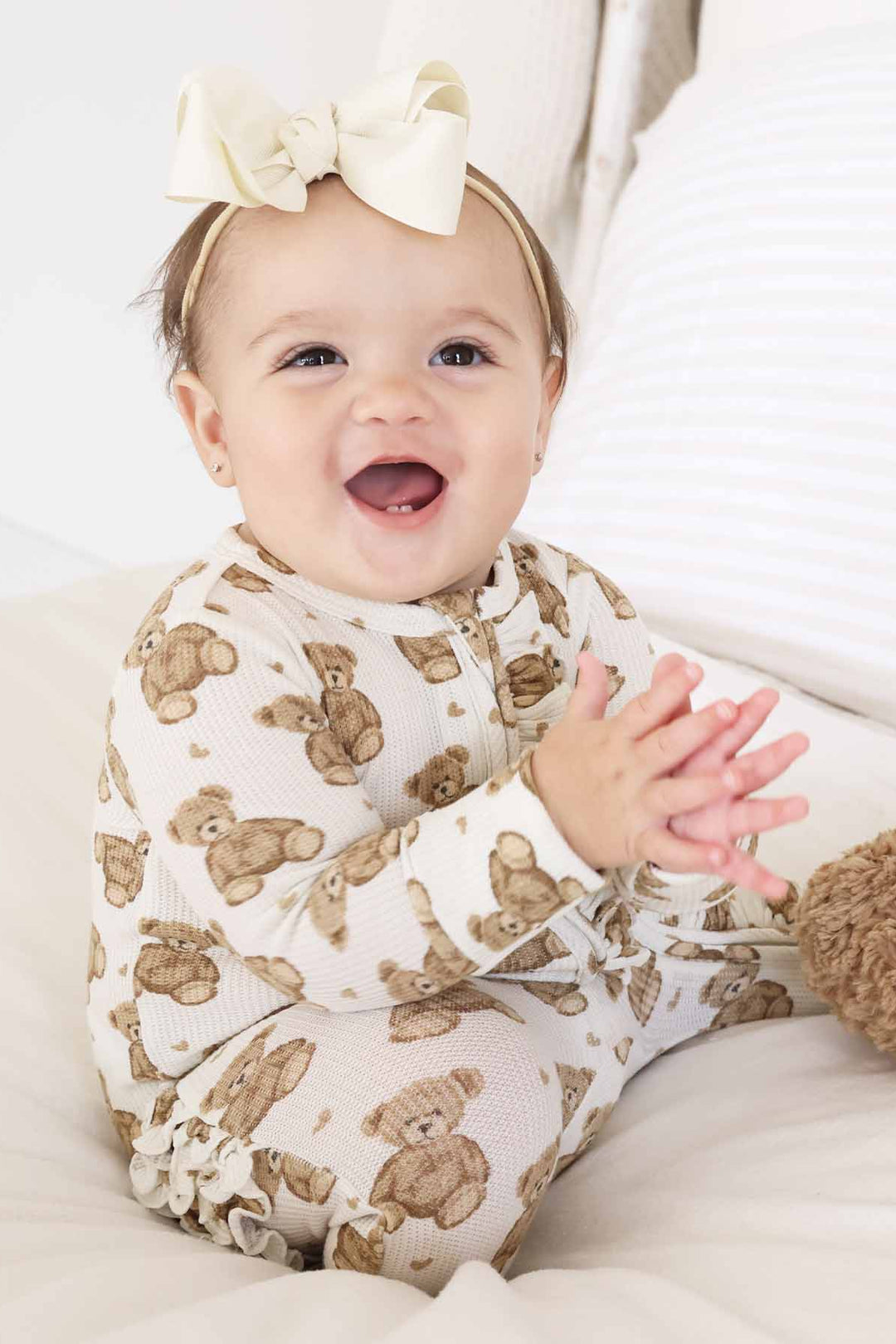 bamboo waffle zipper ruffle footie for girls with teddy bears