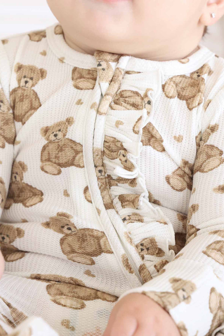 beary sweet ruffle zipper footie for baby girls bamboo waffle 