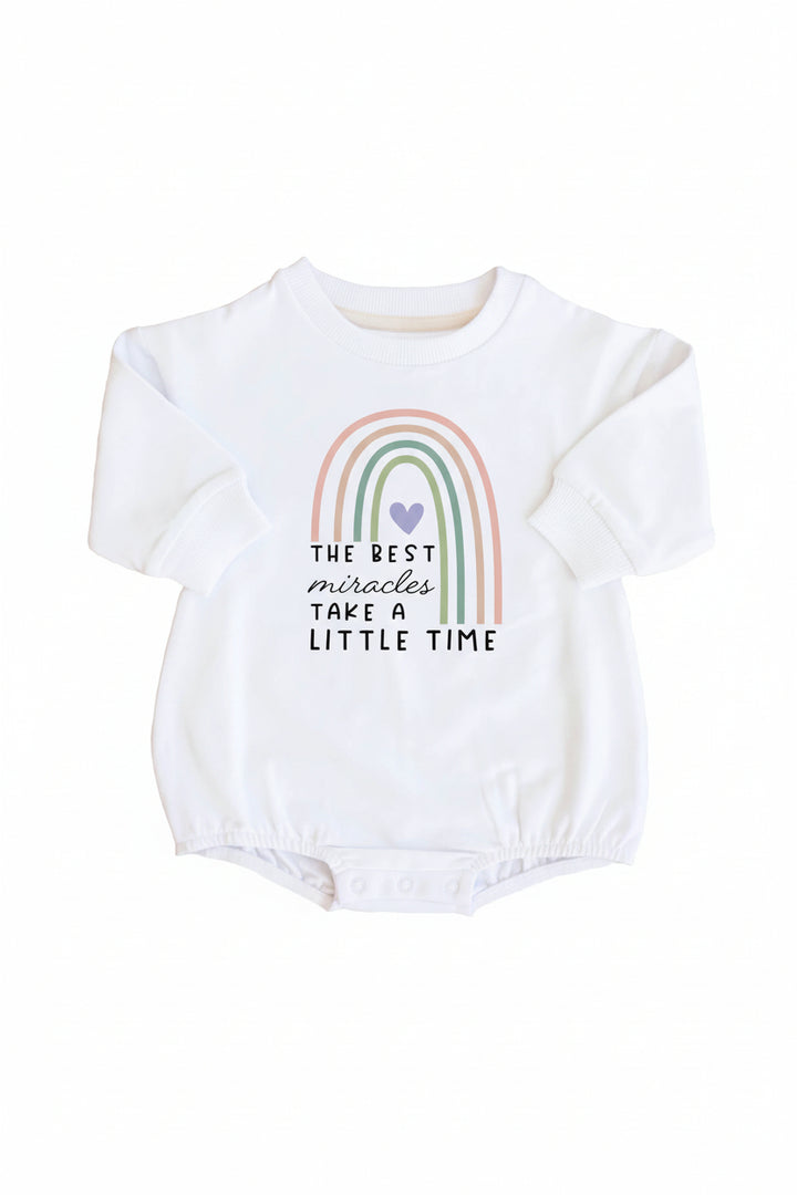 the best miracles take a little time rainbow sweatshirt bubble romper