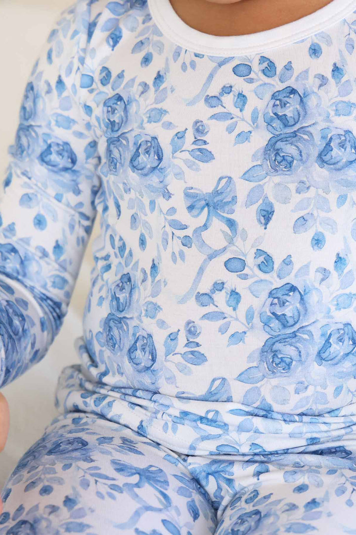 bamboo viscose two piece pajama set with blue roses and ribbon bows