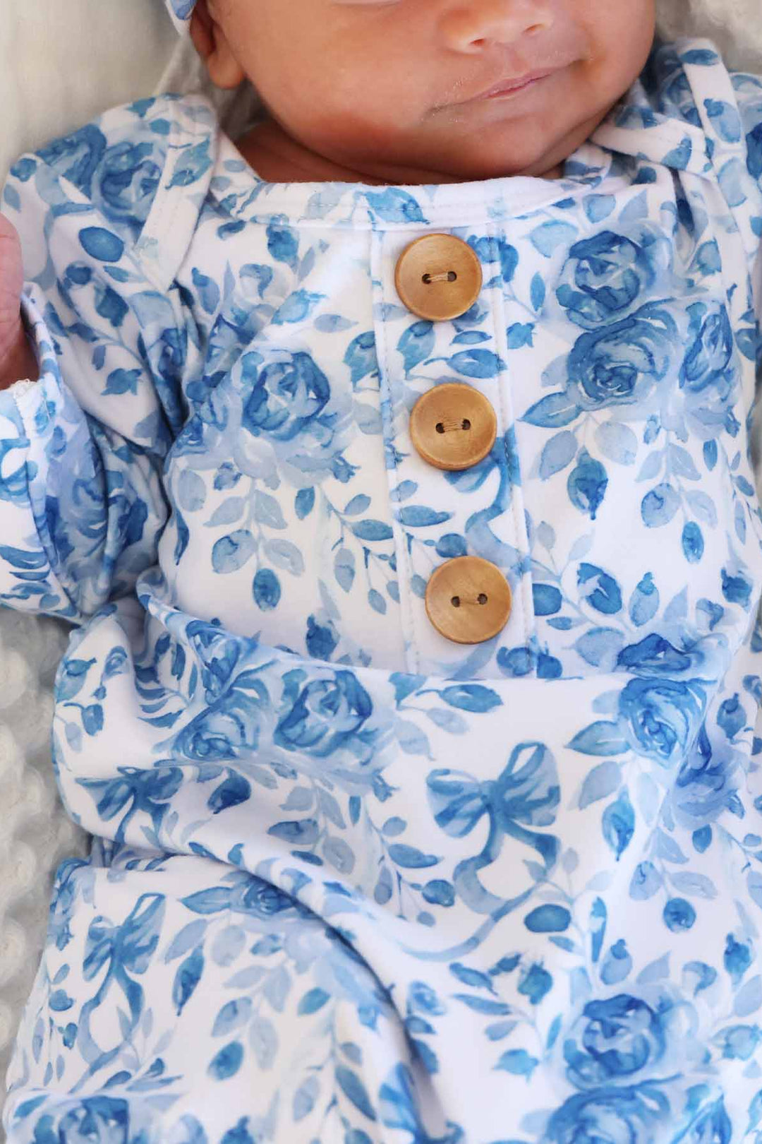 betsy's blooms newborn baby knot gown and hat set with brown wooden buttons 
