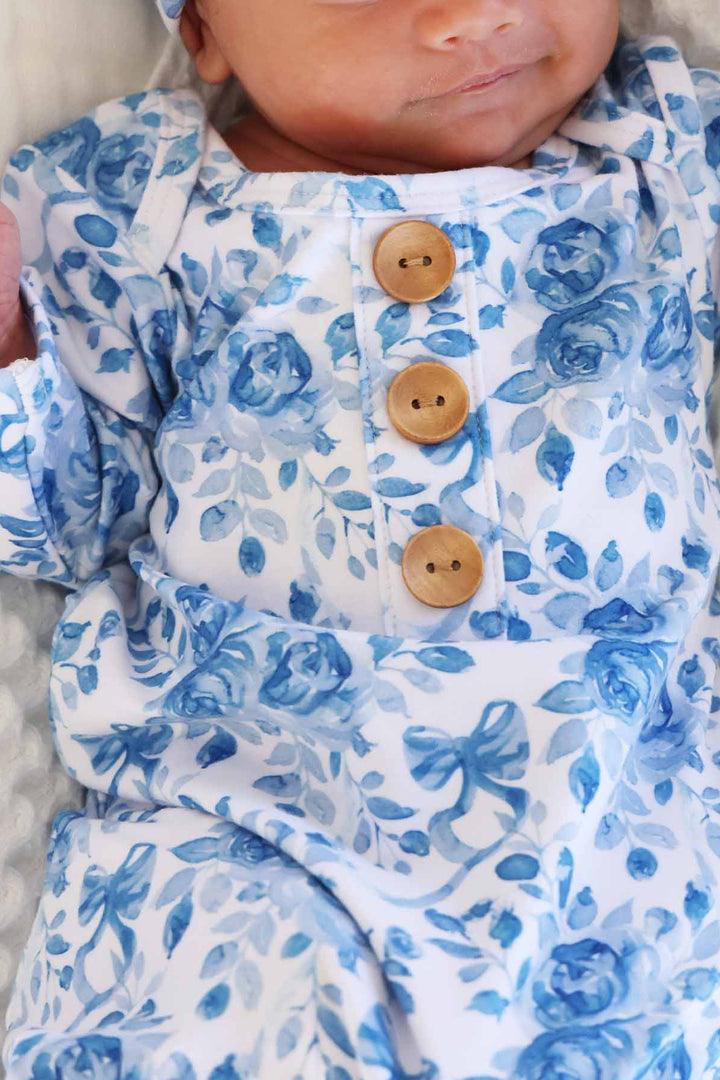 betsy's blooms newborn baby knot gown and hat set with brown wooden buttons 