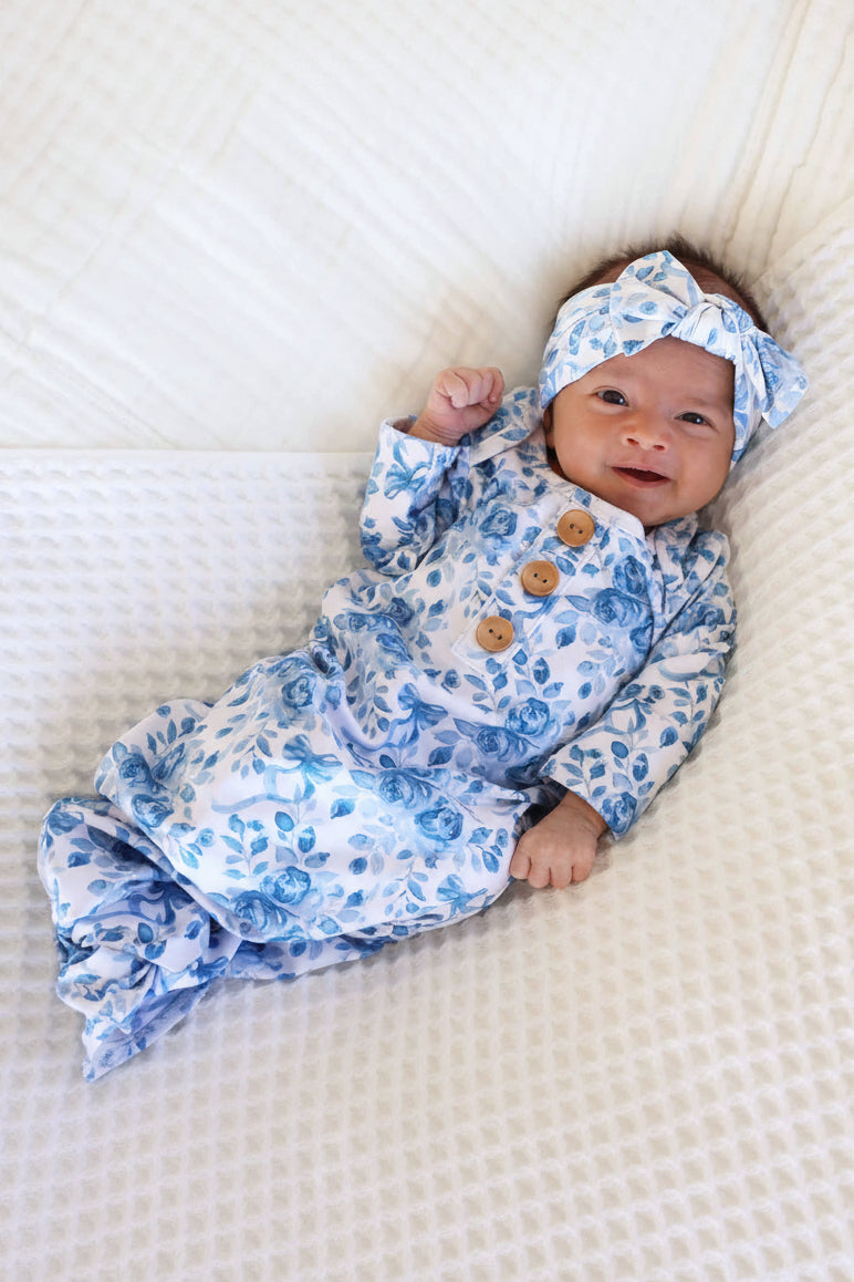blue and white floral and bow newborn baby knot gown