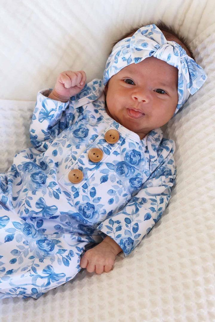 betsy's blooms long sleeve newborn baby knot gown with matching headwrap