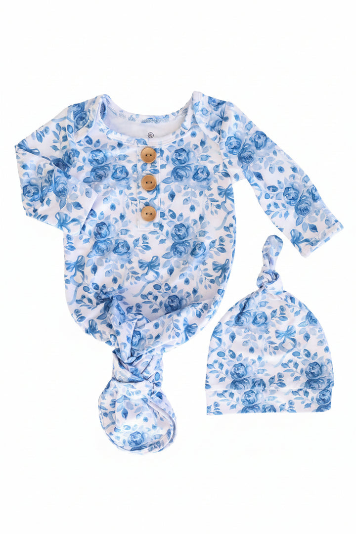 blue and white floral and bow newborn knot gown for girls 
