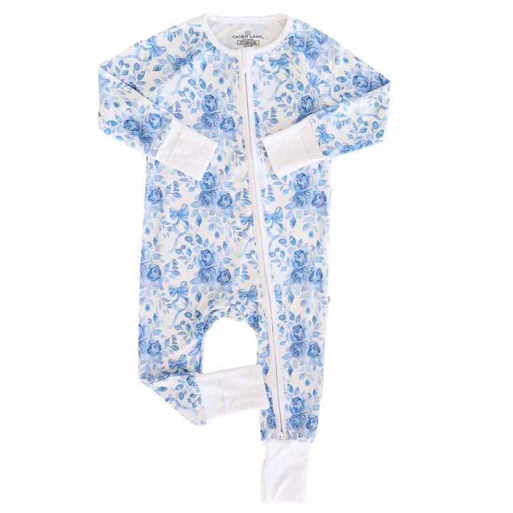 blue and white rose, leaf and ribbon bow bamboo viscose convertible zip romper for baby and toddler girls 