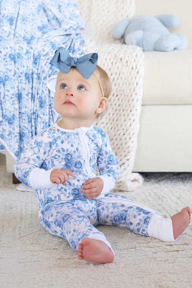 toddler wearing betsy's blooms convertible zip romper pajama 