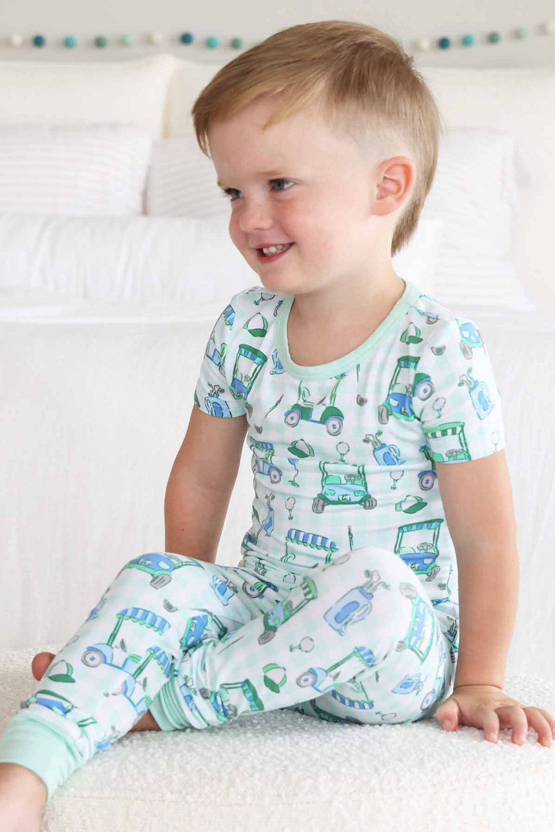 blue and green golf themed pajamas for boys 