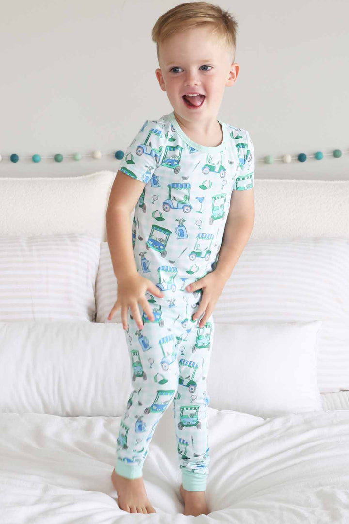 blue and green golf themed two piece pajama set for boys 
