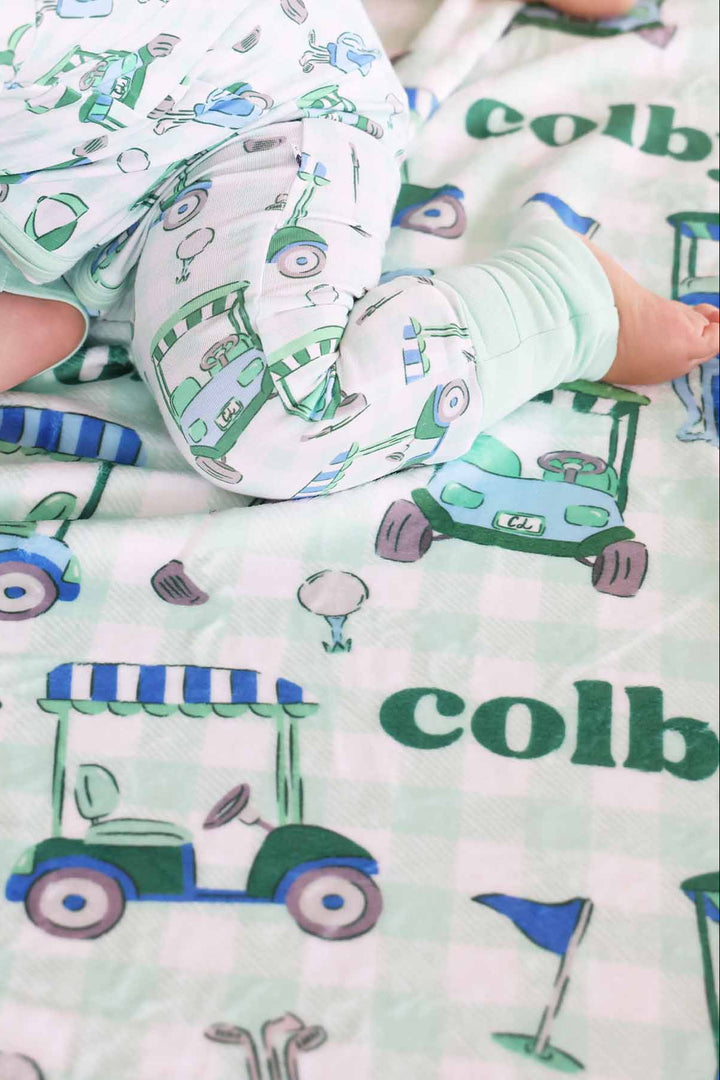 golf cart, golf ball and club blue and green personalized kids blanket 
