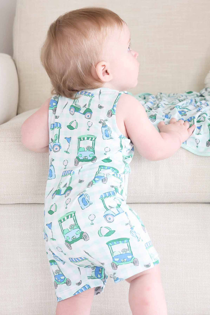 golf cart sleeveless short romper for baby and toddler boys 