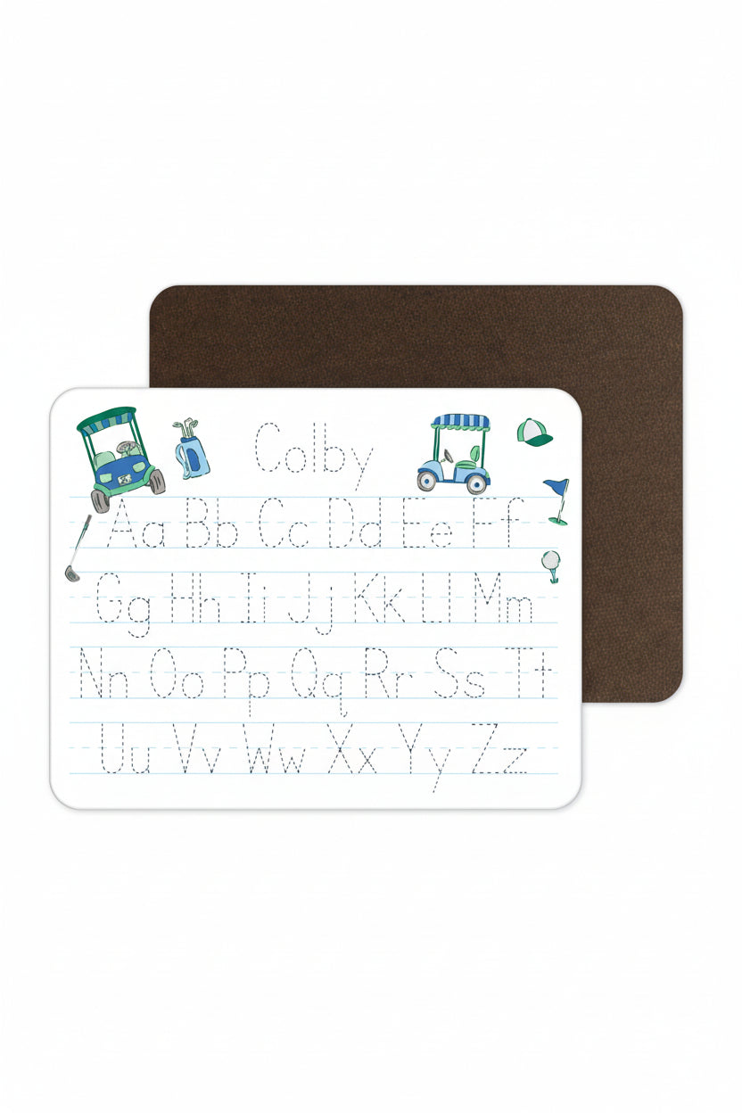 blue and green golf personalized whiteboard with alphabet 