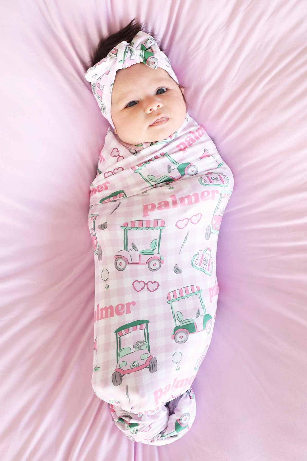 pink golf themed personalized name swaddle blanket for girls 