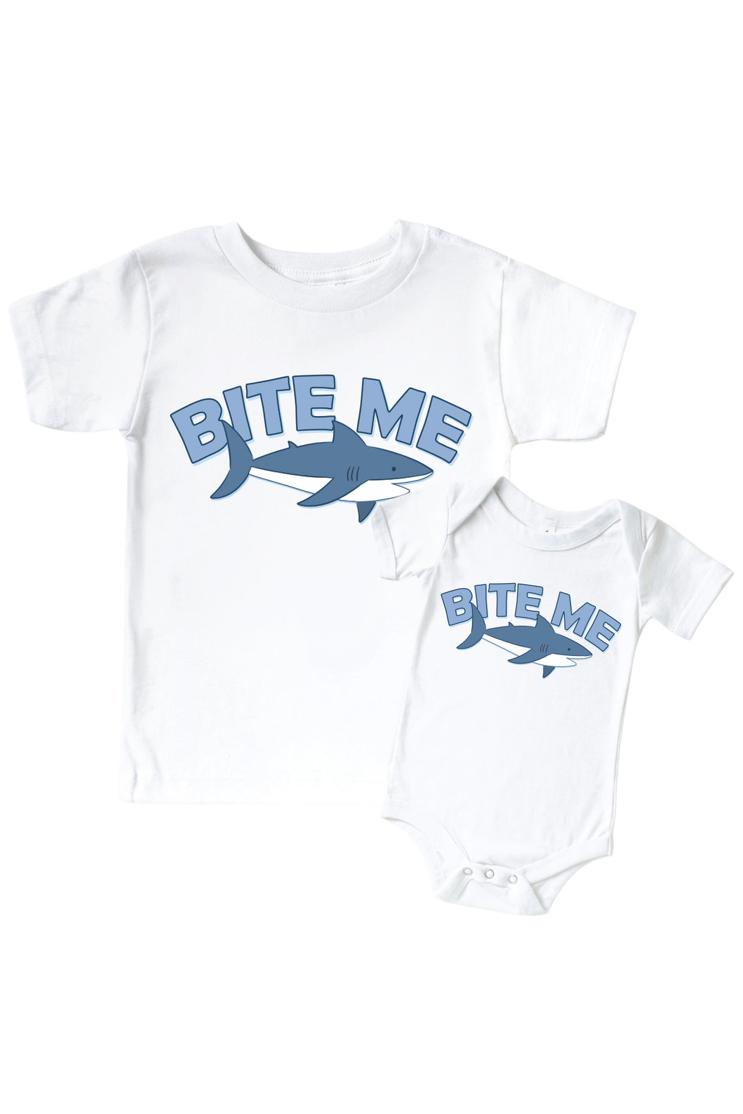 white bite me shark graphic bodysuit and kids tee