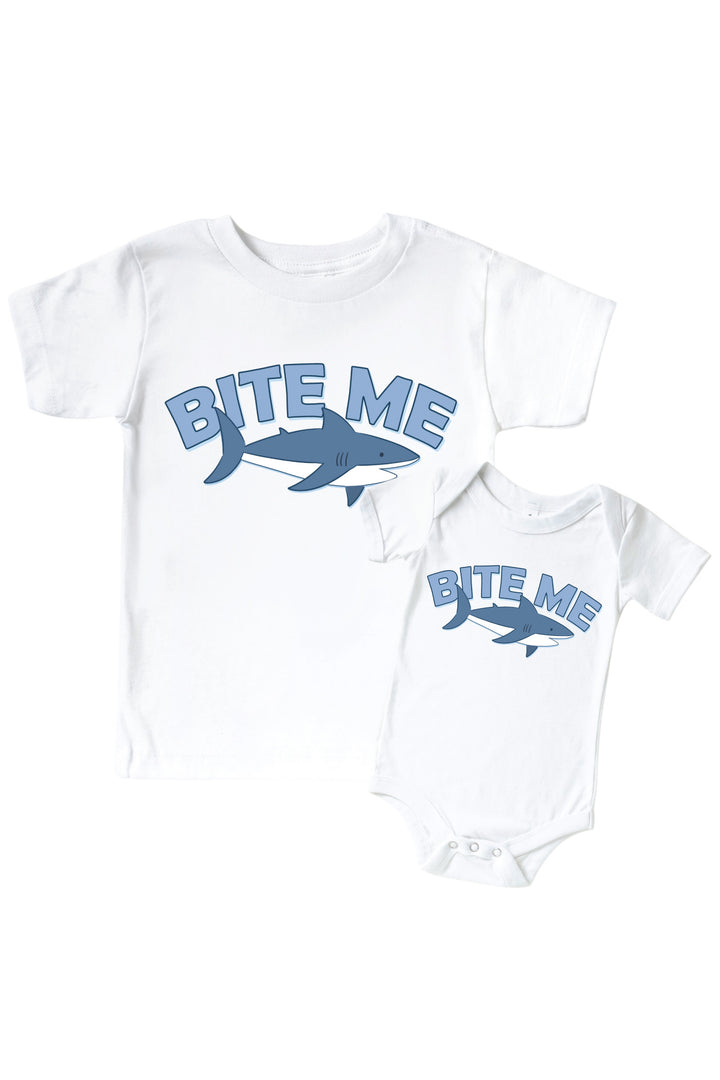 white bite me shark graphic bodysuit and kids tee