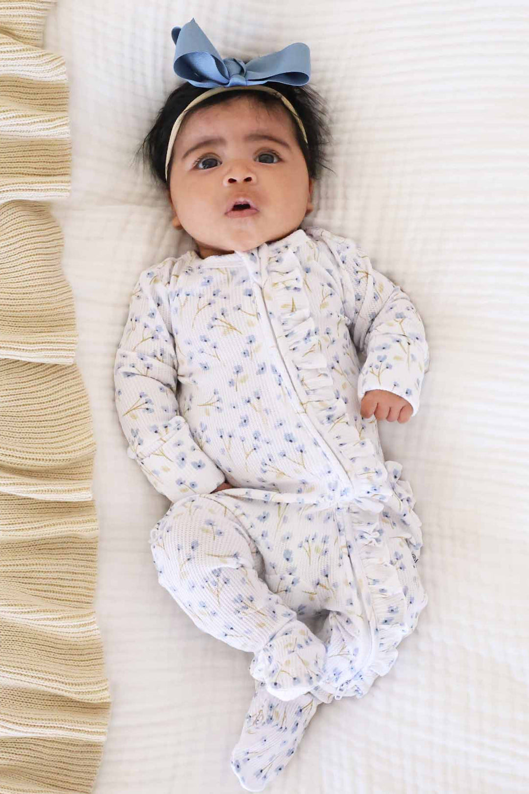 ruffle zipper baby footie blue flowers