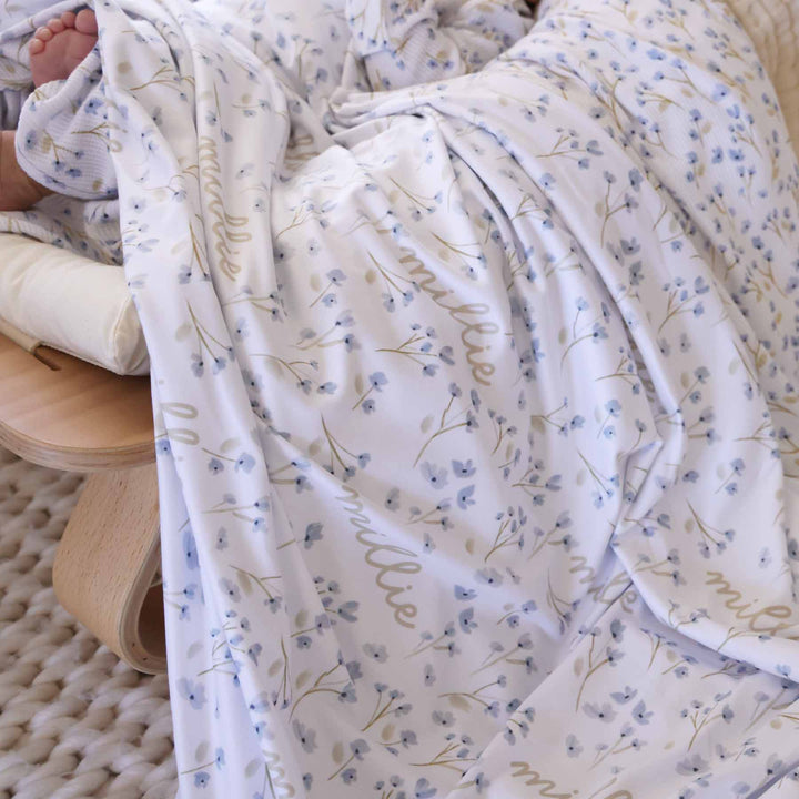 dainty blue floral personalized swaddle blanket for babies