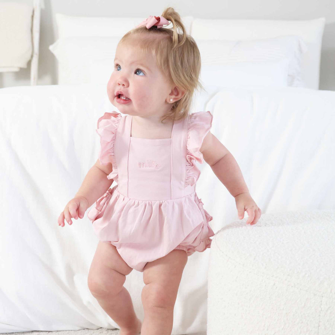 Embroidered Cross Back Ruffle Bubble Romper