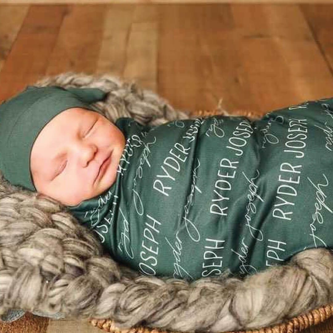 forest green baby name swaddle blanket block and script 