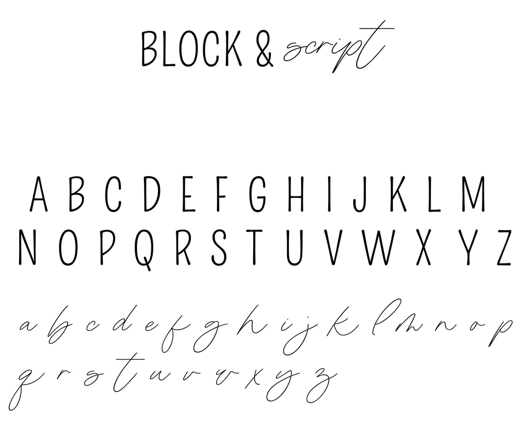 block and script font 