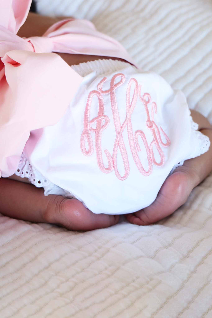 pink script embroidered lace bloomer for newborn girls 