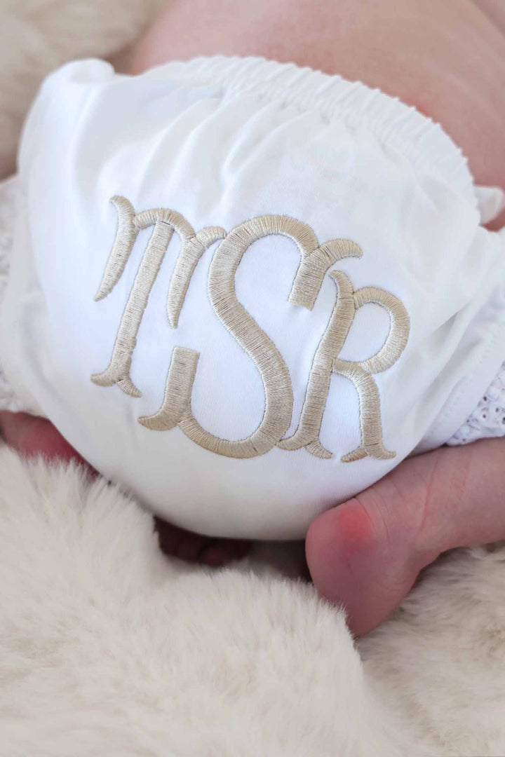 lace monogrammed bloomer for babies in neutral thread