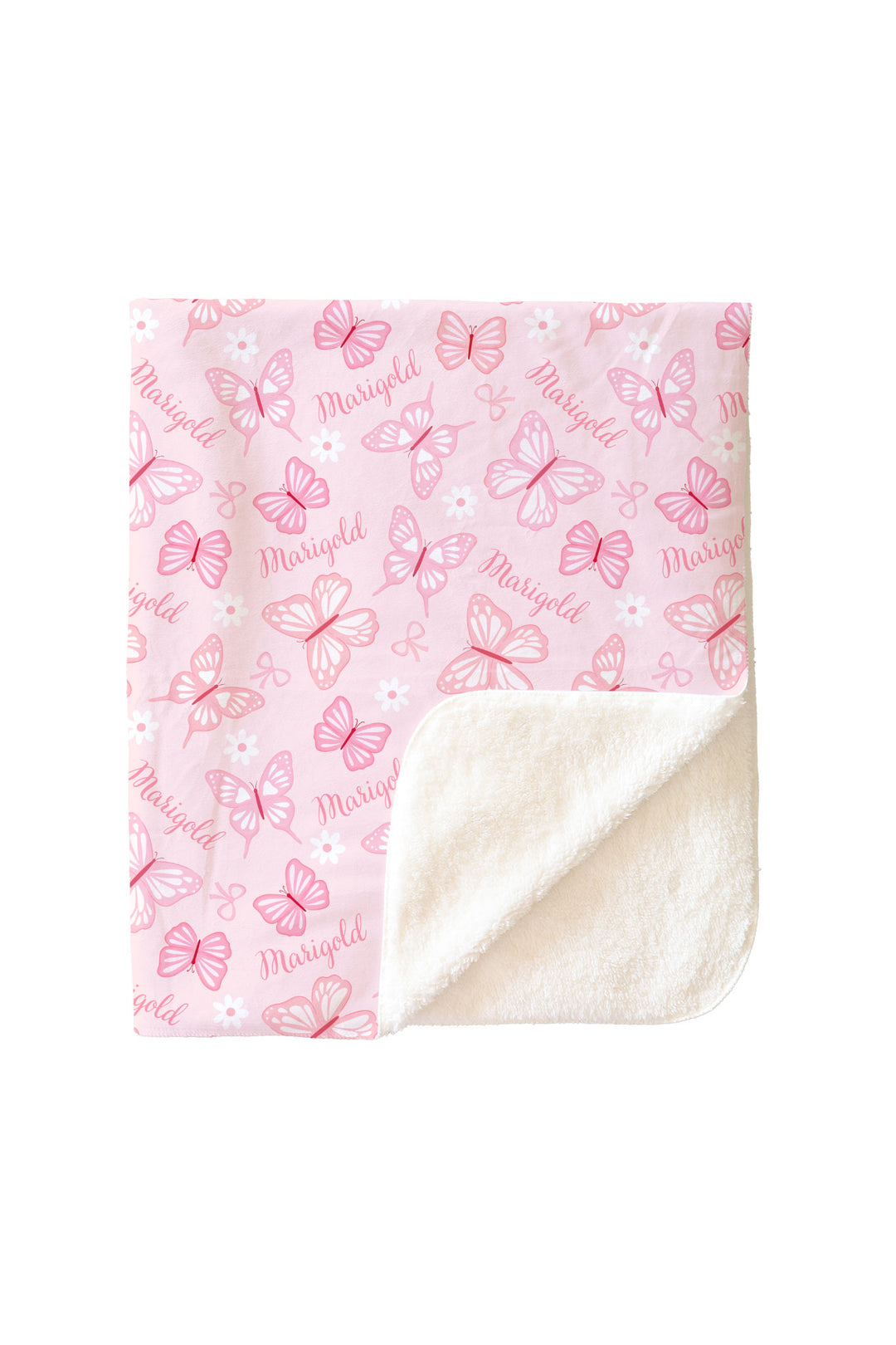 Personalized Kids Blanket in Blooming Butterflies print - blanket folded to show the soft sherpa backing alongside the pink butterfly-print top layer