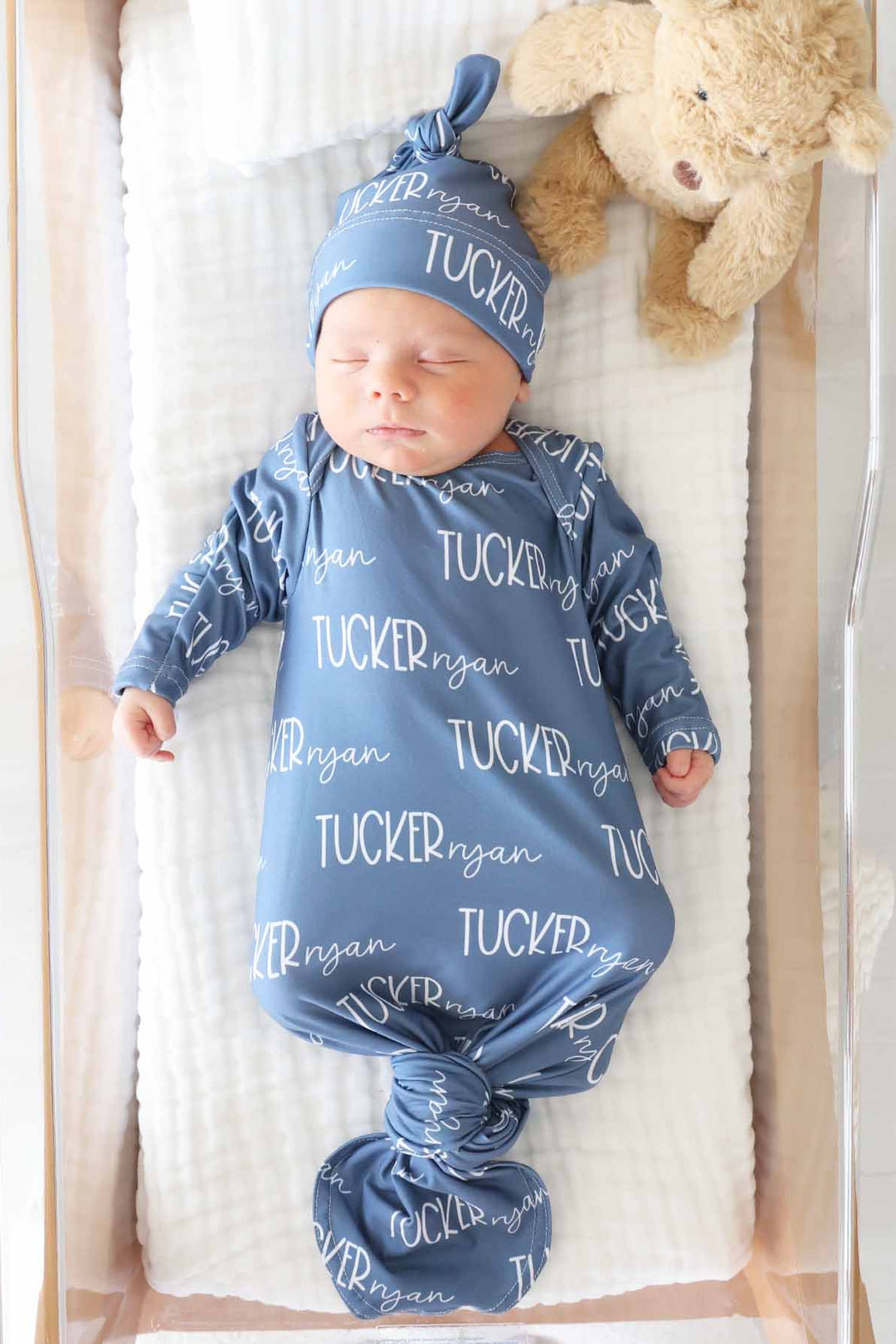 dusty blue personalized name knot gown for baby boys 