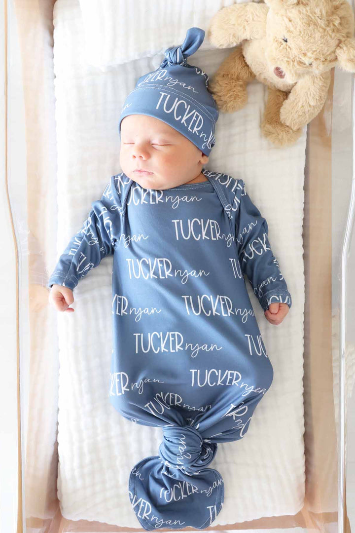 knot gown and hat personalized dusty blue newborn outfit 