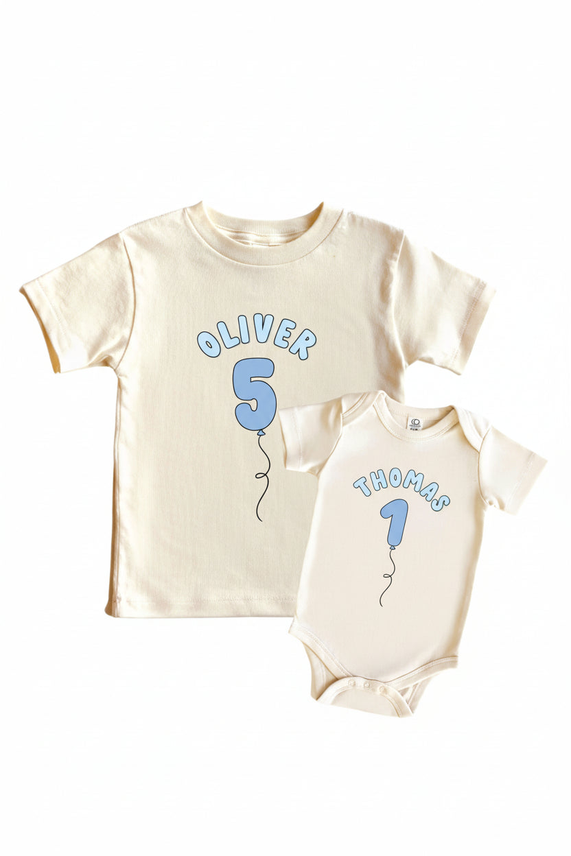 personalized graphic tees and bodysuits with number balloon to show off child's age for birthday