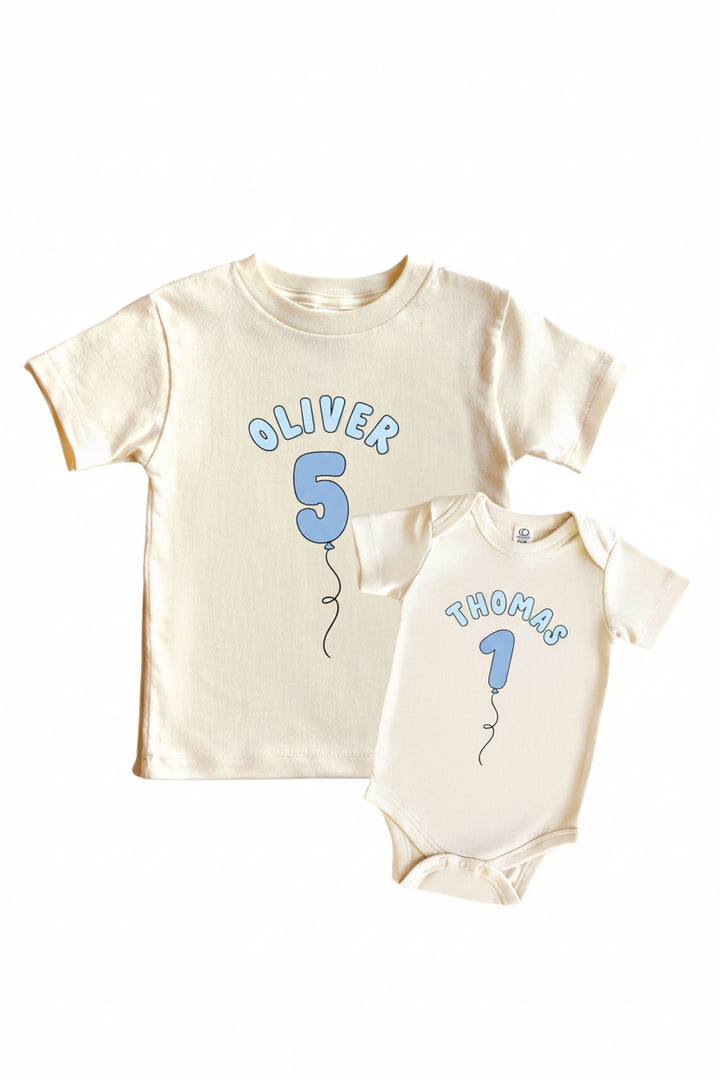personalized graphic tees and bodysuits with number balloon to show off child's age for birthday
