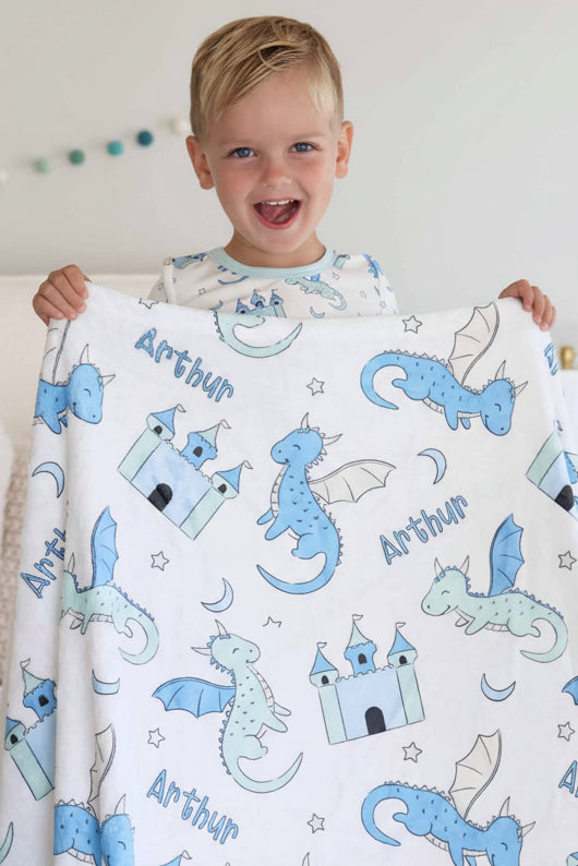 blue and green dragon, castle, star and moon personalized kids blanket 
