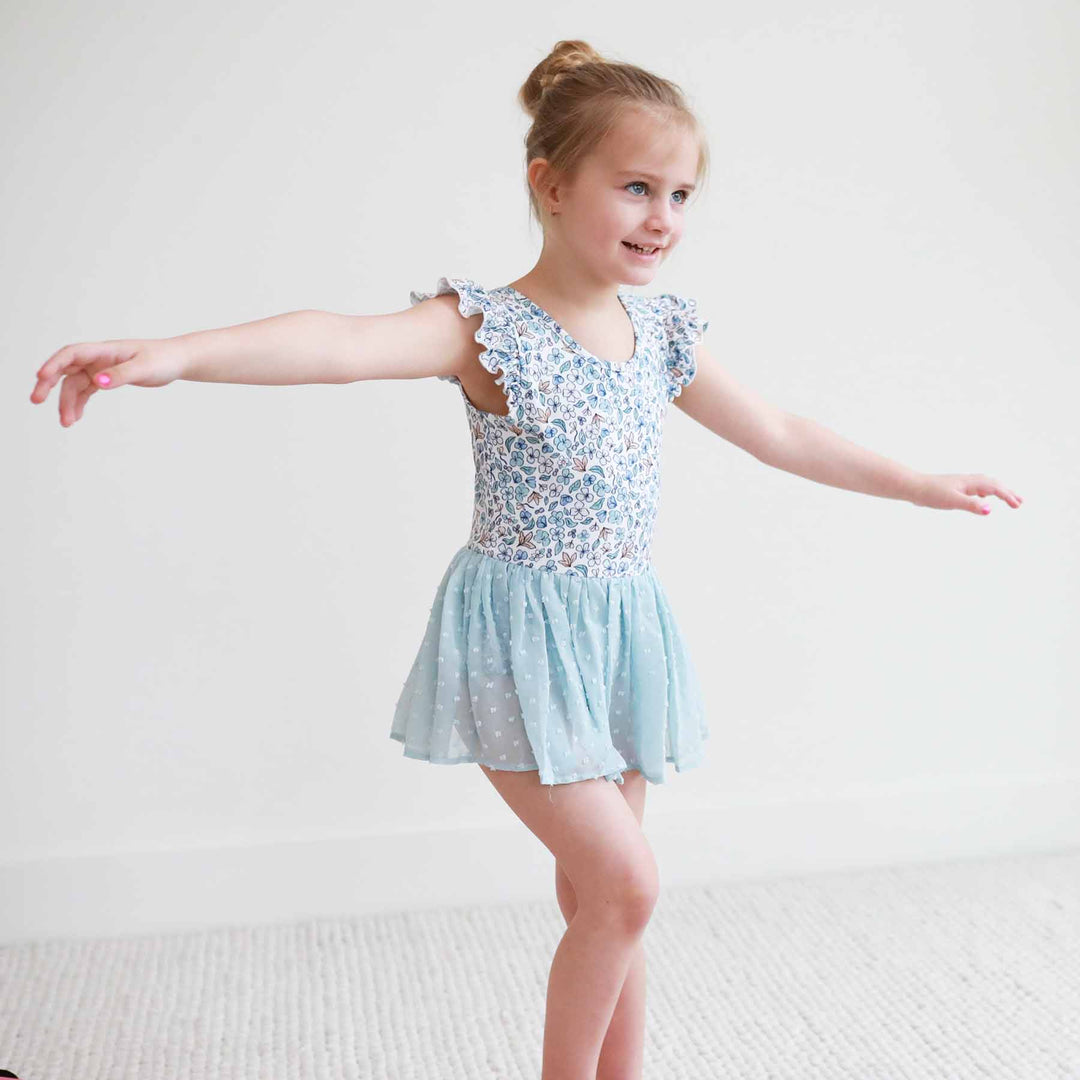 blue spring floral print ballet leotards with ballerina tutus for little girls