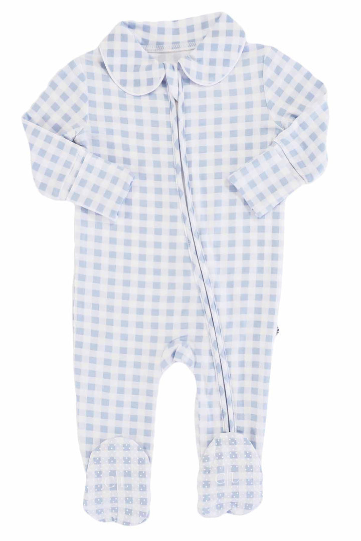 light blue gingham print footie for babies