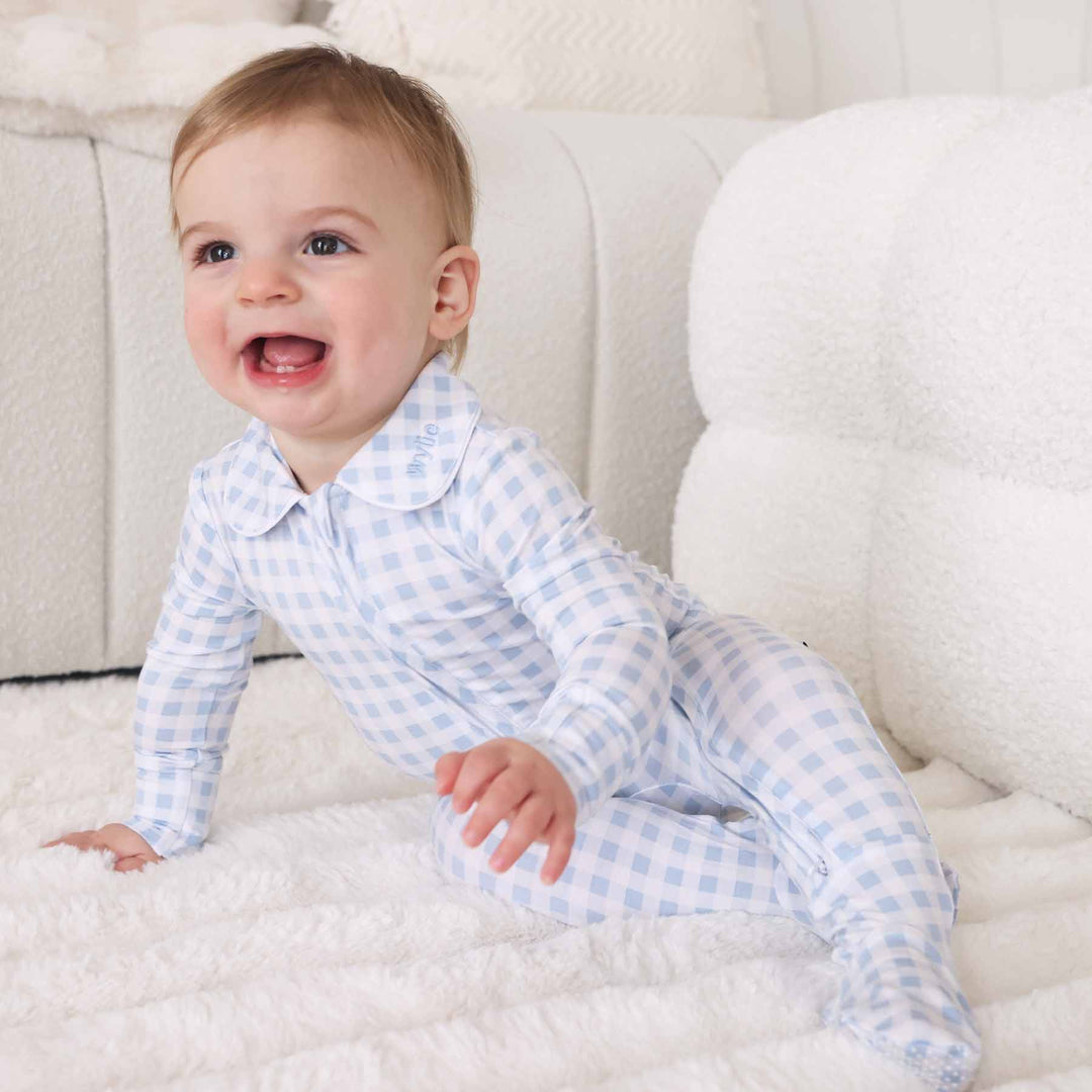 baby blue gingham footie for babies
