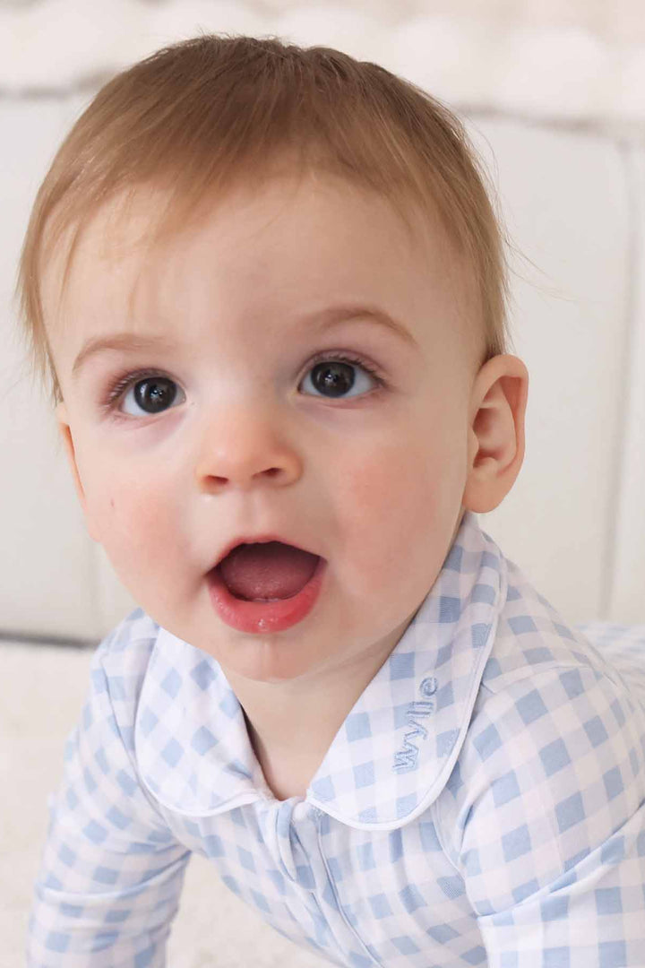 pastel blue gingham footie pajamas for babies
