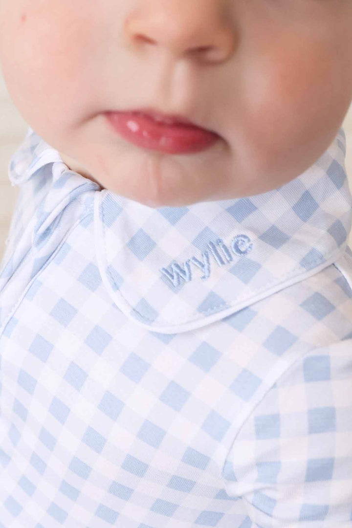 pastel blue peter pan collar personalized for newborns