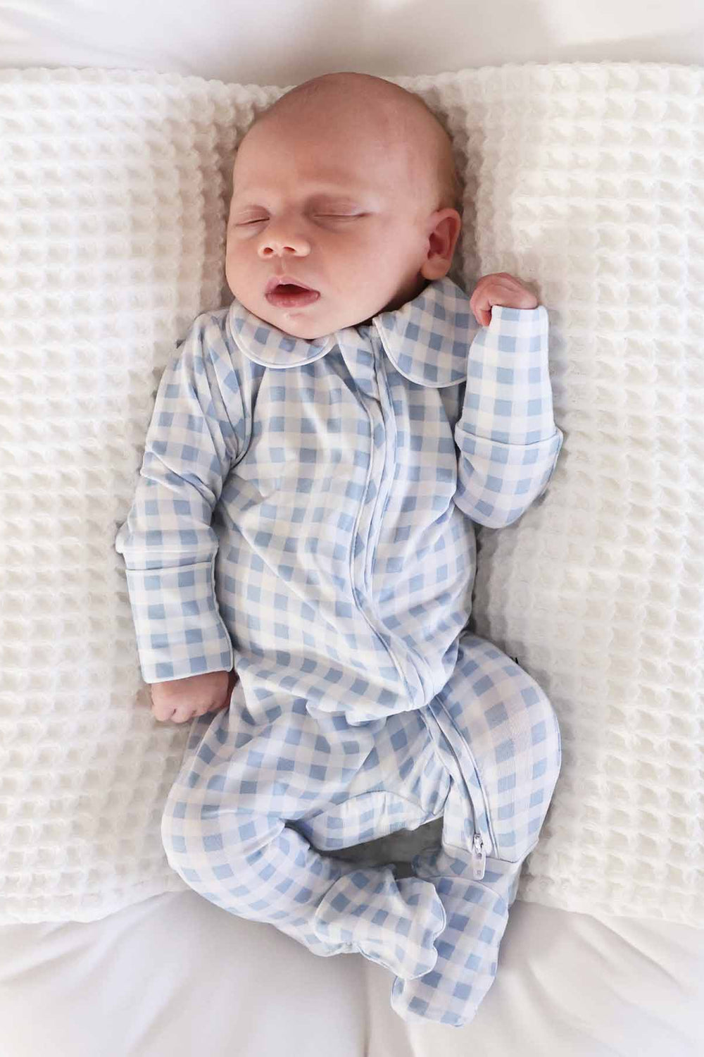 light blue gingham footie for newborns