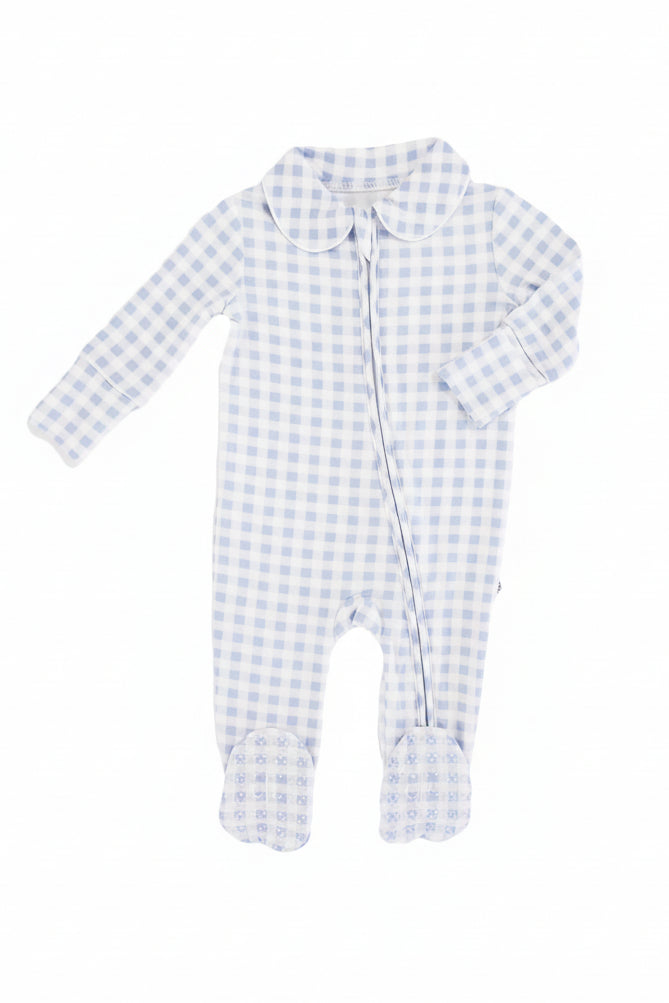 blue gingham print footie with zipper and peter pan collar for babies