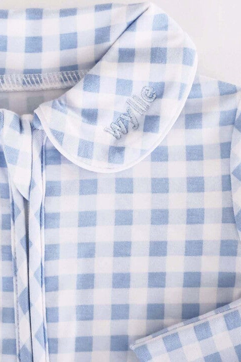 light blue gingham onesie for newborns with peter pan collar and personalized embroidery