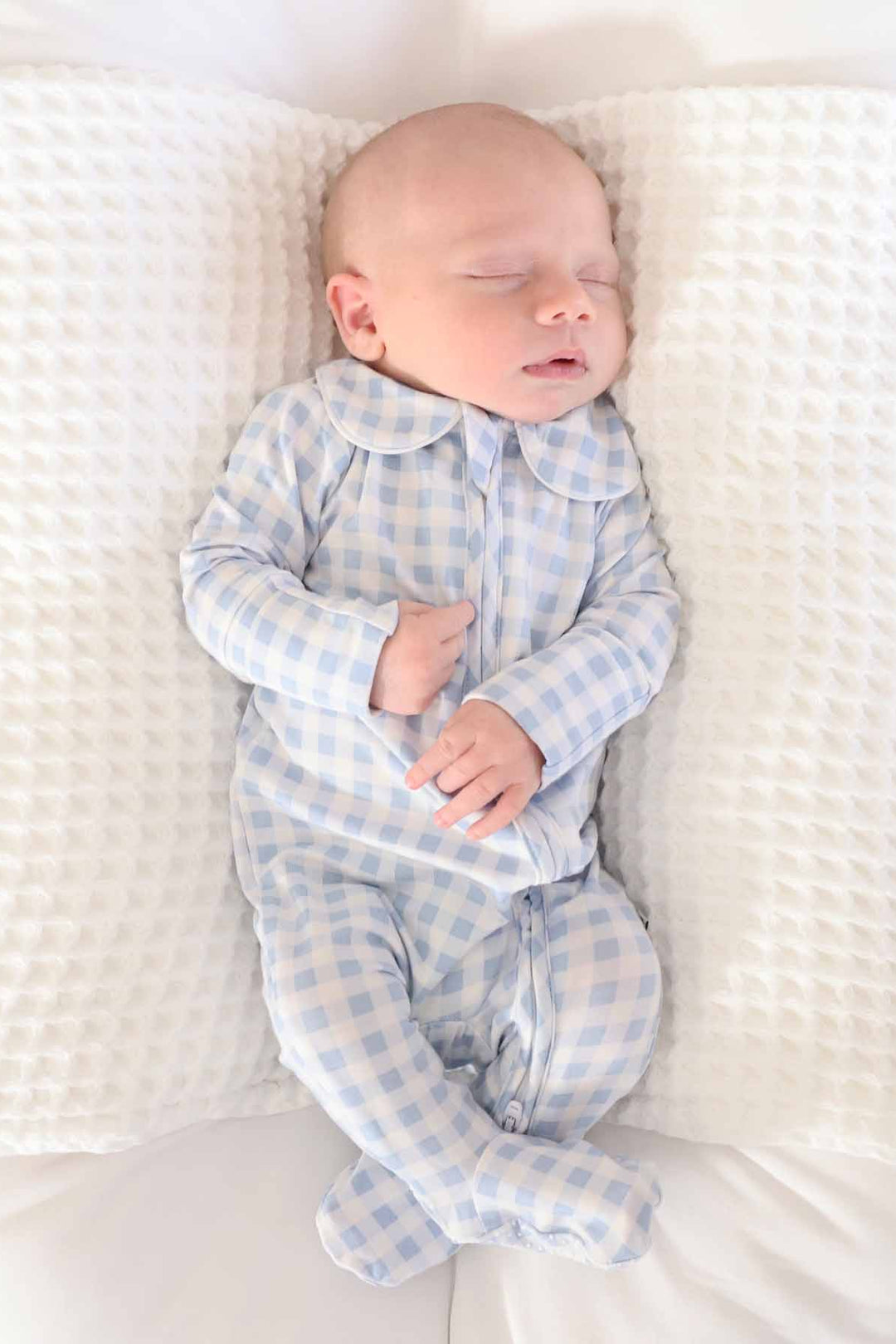 light blue gingham footie with peter pan collar for newborns