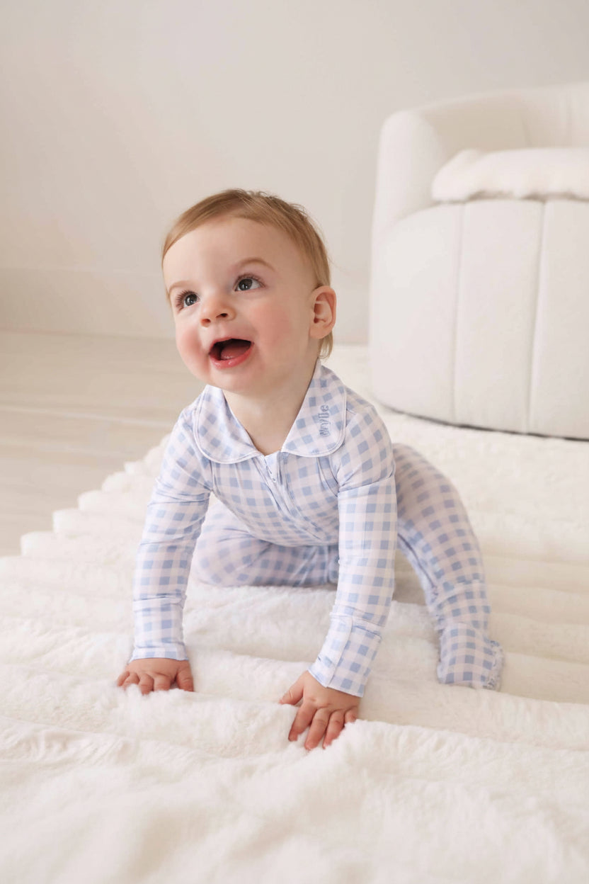 pastel blue gingham footie with peter pan collar and personalization for babies