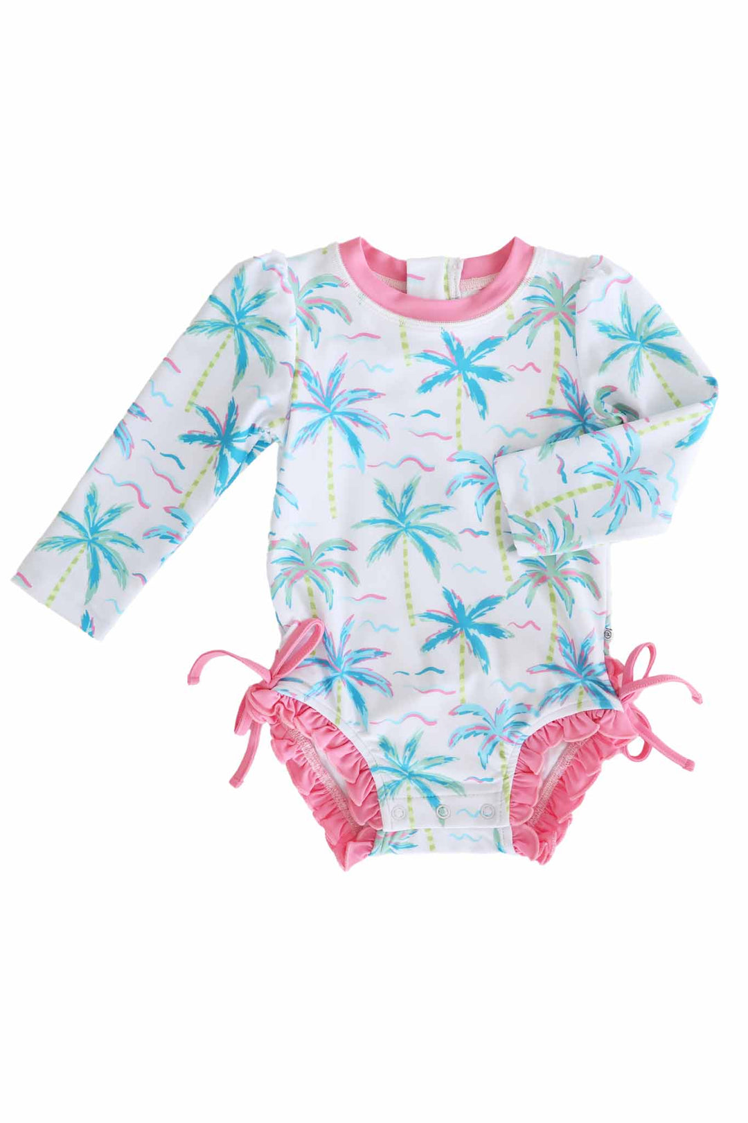 upf 50+ ruffle bottom rash guard with neon palm trees