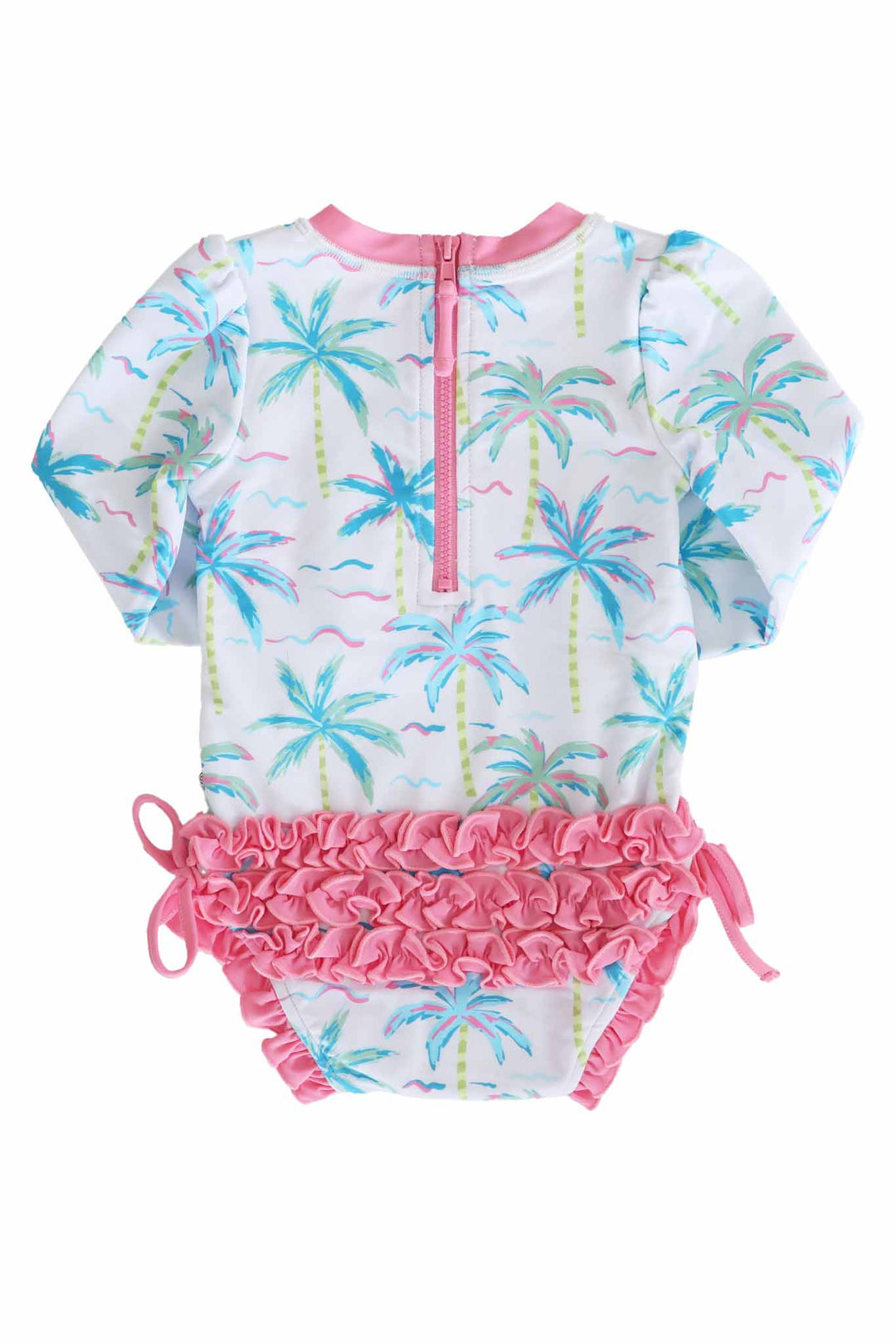 back view of blue lagoon long sleeve rash guard with ruffle bottom with pink accents 