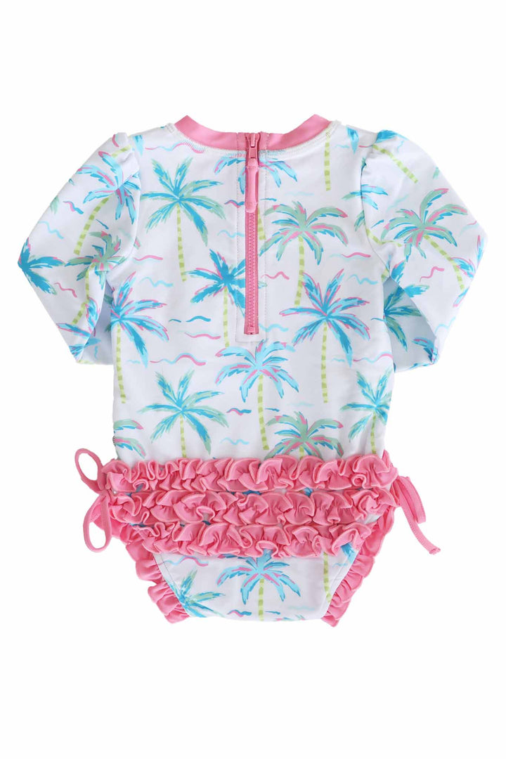 back view of blue lagoon long sleeve rash guard with ruffle bottom with pink accents 