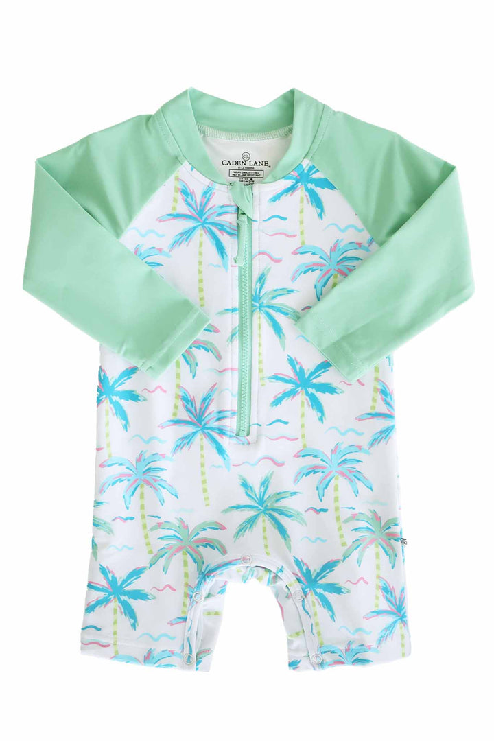 neon palm tree long sleeve rash guard swim romper shortie