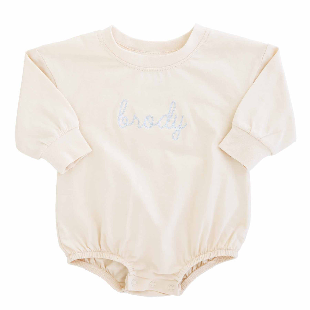 light blue thread embroidered knit bubble romper for babies 