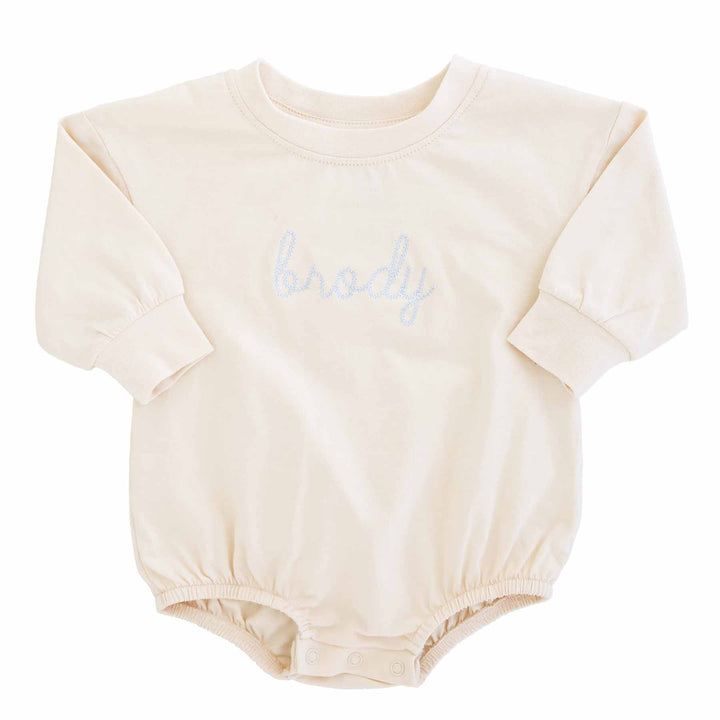 light blue thread embroidered knit bubble romper for babies 
