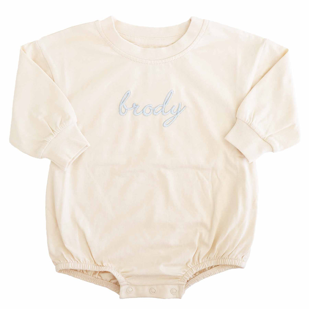 blue name embroidered bubble romper 