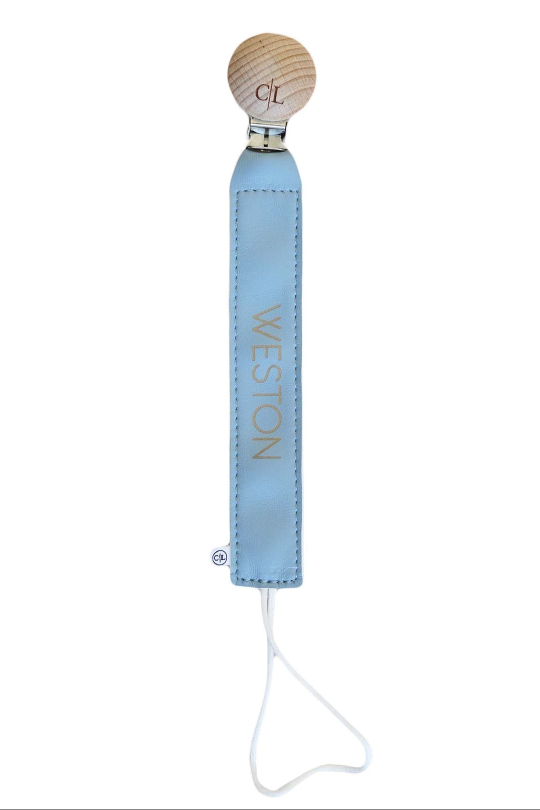 blue personalized leather paci clip 